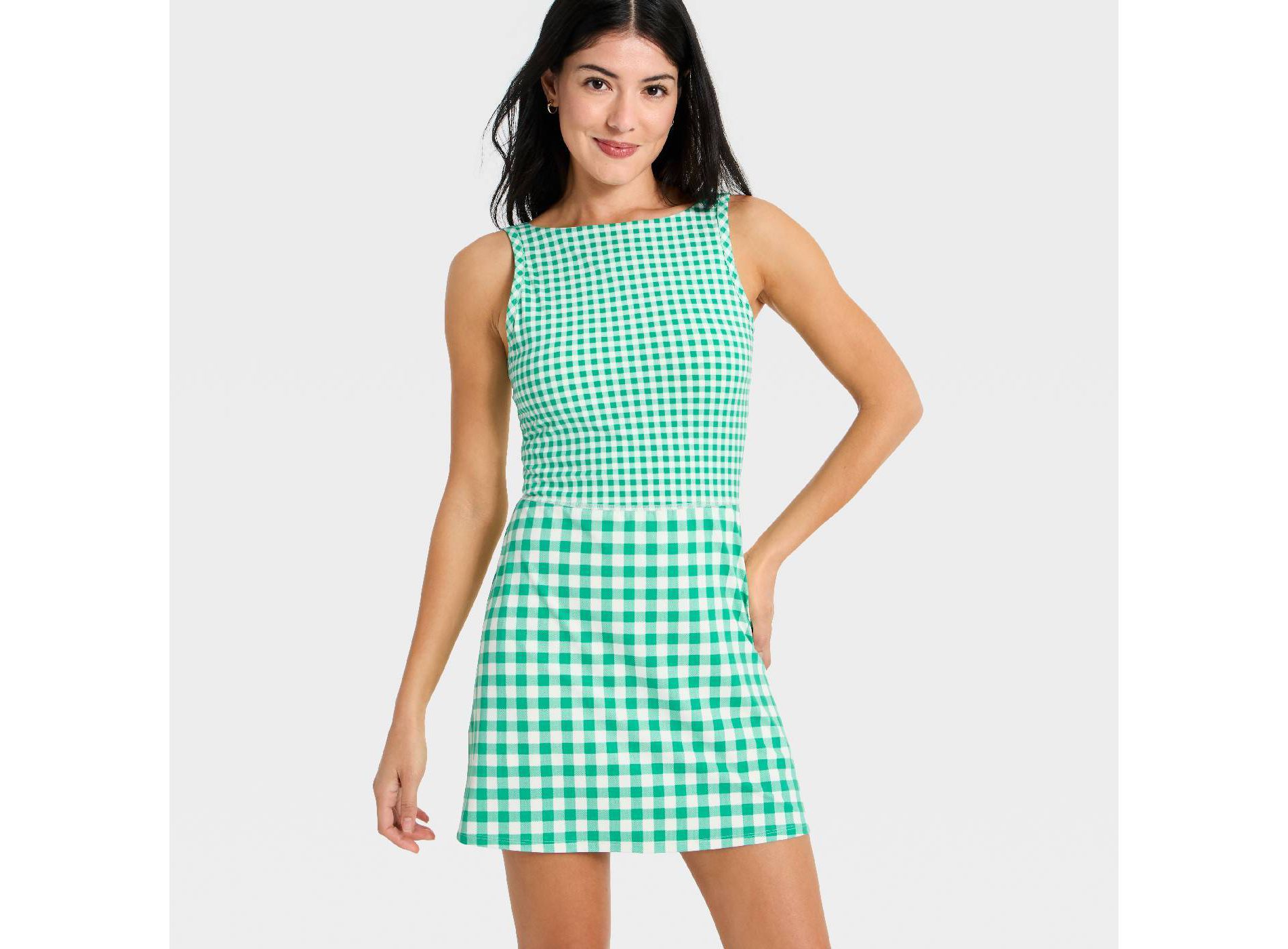 Women's Knit High Neck Active Dress - All In Motion™ Forest Green Gingham S