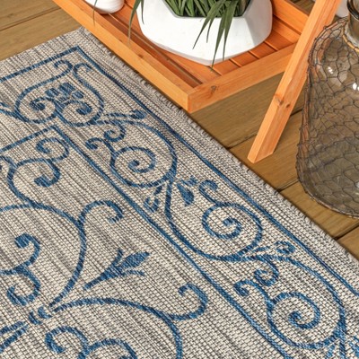 Charleston Gray and Navy Filigree Indoor/Outdoor Area Rug