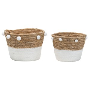 Set of 2 Natural Cattail Decorative Storage Baskets with Pom Poms - Foreside Home & Garden - 1 of 4