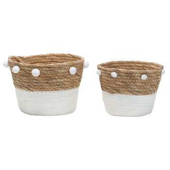 Set of 2 Natural Cattail Decorative Storage Baskets with Pom Poms - Foreside Home & Garden