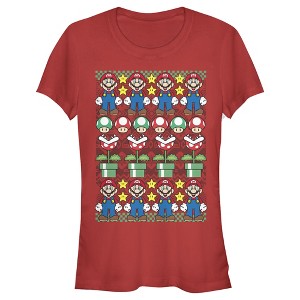 Juniors Womens Nintendo Ugly Christmas Mario T-Shirt - 1 of 3