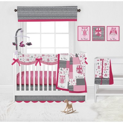 Bacati - Owls in the Woods Pink Fuschia Gray 10 pc Crib Bedding Set with Long Rail Guard Cover