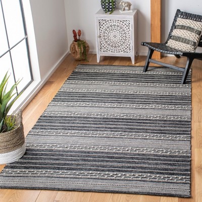 Black and Ivory Handwoven Wool Cotton Striped Area Rug