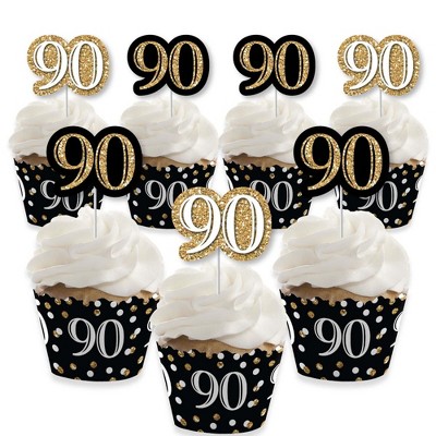 Big Dot of Happiness Adult 90th Birthday - Gold - Cupcake Decoration - Birthday Party Cupcake Wrappers and Treat Picks Kit - Set of 24