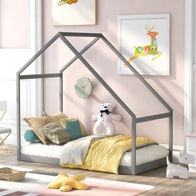 Full/Twin Size Wooden House Bed (with a Twin Size Trundle Bed), White/Gray/Natural, 4A -ModernLuxe