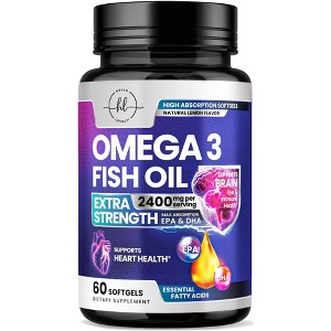 Omega 3 Fish Oil Triple Strength 2400 mg Rapid Release Softgels, Omega-3 Supplements, Natural Heart Health Brain & Joint Support - 60 Softgels - 1 of 4