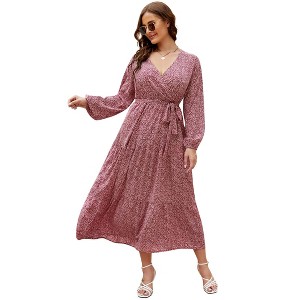 Plus Size Women's V Neck Long Sleeve Maxi Dress Floor Length Elegant Casual - 1 of 4