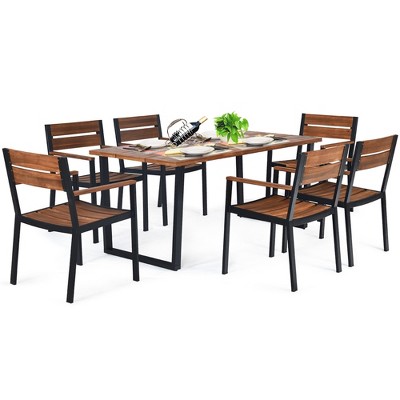 Costway 6-Person Acacia Wood Patio Dining Set with Umbrella Hole