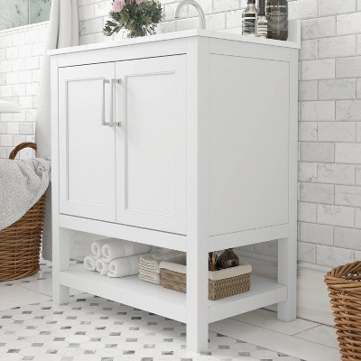 30" White Freestanding Bathroom Vanity with Carrara Marble Countertop
