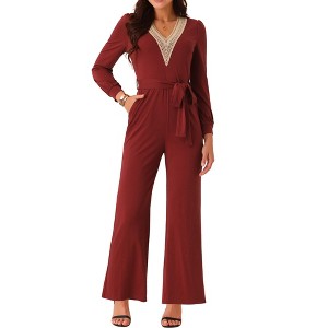 Seta T Women's Long Sleeve V Neck Belted Stretchy Wide Leg Long Pant Romper with Pockets - 1 of 4