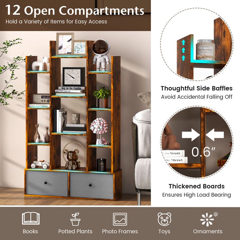 Tangkula Tree Shaped Bookcase with 2 Drawers Free Standing Bookshelf with 12 Open Storage Shelves Tall Display Rack with Bookshelves Brown/White, 5 of 11