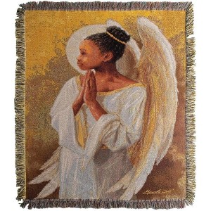 Manual Woodworkers and Weavers Decorative Angel Wings Tapestry Throw Blanket 50"x60", Cotton, Gold and White Inspirational Home Accent - 1 of 3