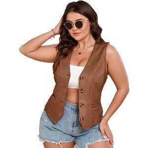 Whizmax Womens Plus Size Button Vintage Vests Jacket V-Neck Faux Suede Cardigan Outerwear with Pockets - 1 of 4