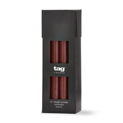 TAG Color Studio 10" Straight Taper Unscented Smokeless Paraffin Wax Candle Purple Plum, Burn Time 10 hrs. Set 12