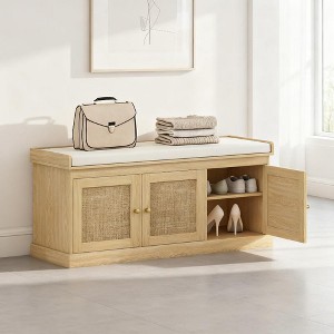 Kumasinova Shoe Storage Bench with Woven Rattan Doors,Shoe Rack with Cushioned Seat & Adjustable Shelves for Entryway,Hallways,Living Room - 1 of 4