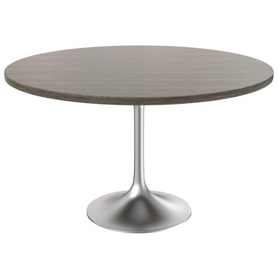 LeisureMod Verve Mid-Century Modern 48" Round Table with MDF Top and Brushed Chrome Pedestal Base for Dining Room and Kitchen