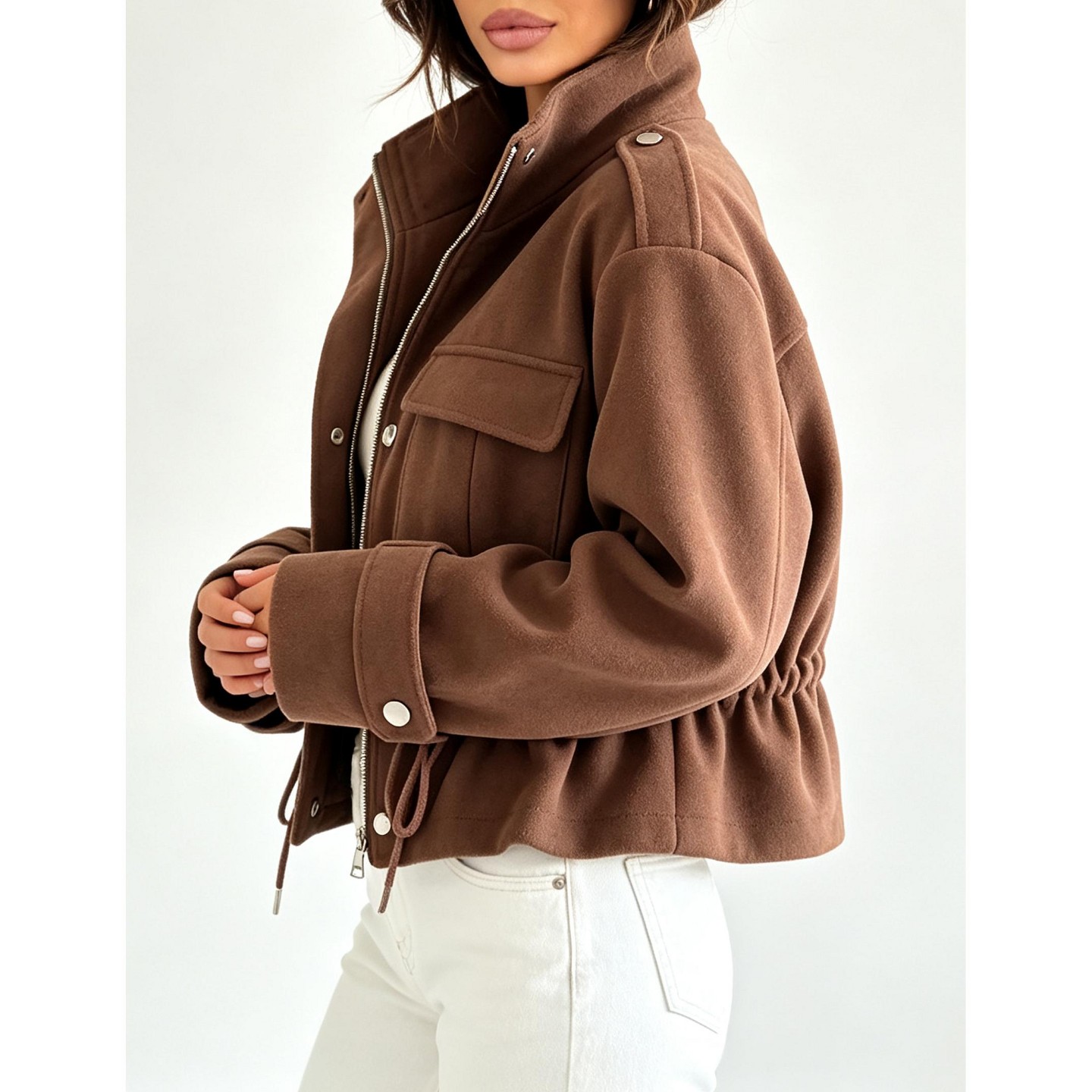 Женская куртка YesFashion Women Drawstring Waist Cropped Utility Jacket Long Sleeve Zip‑Up Stand Collar Casual Outerwear, Brown, цвет: Коричневый — фото 3