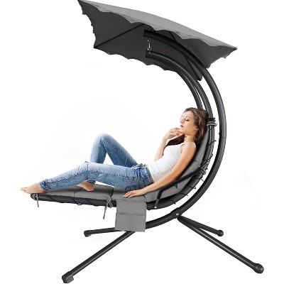 Chaise Lounger Swing Chair with Umbrella Canopy, Patio Hanging Chaise Lounger Chair with Stand, Curved Steel Outdoor Lounge Chairs for Garden
