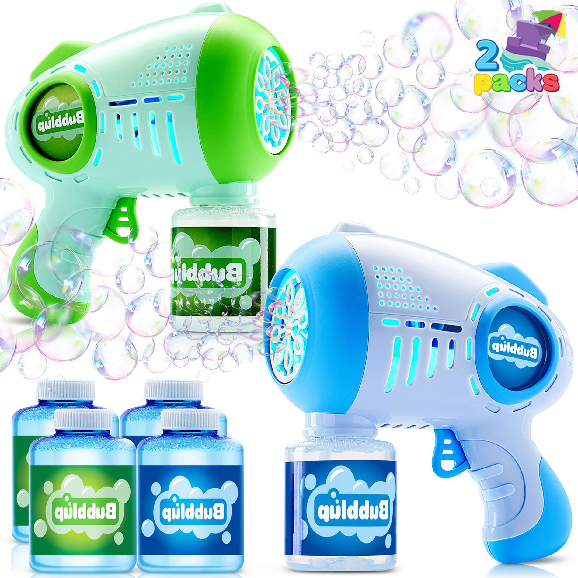 Joyfy 2PCS LED Bubble Gun Bubble Blaster Machine with Refill Solution for 1-8 Year Old Kid Toddler Easter Summer Outdoor Toy Party Favor Birthday Gift