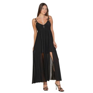 Slickblue Women's Sheer Maxi Dress, Deep V Neck, Side Slit Detail, Lightweight Stretch Mesh, White/Black, Size S-L - 1 of 4