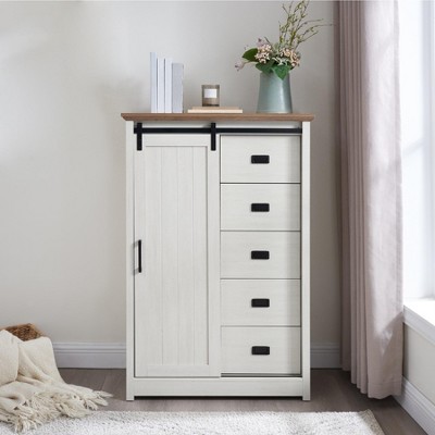 5 Drawer Dresser With Sliding Barn Door, Farmhouse 47" Tall Chest of Drawers, Storage Organizer Dresser for Bedroom Hallway Living Room