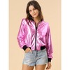 INSPIRE CHIC Women's Holographic Fashion Stand Collar Metallic Lightweight Zip Bomber Jacket - 2 of 4