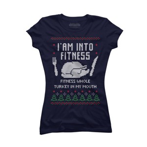 Junior's Design By Humans Fitness Whole Turkey Ugly Christmas Sweater By shirtpublic T-Shirt - 1 of 3