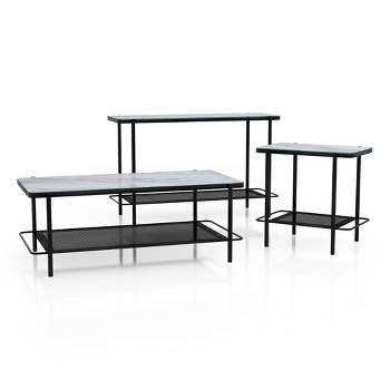 3pc Avalan Contemporary Marble Glass Coffee Table Set Black Coating/White - miBasics