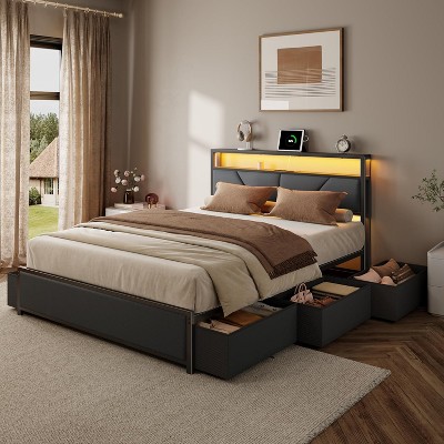Furnulem Queen Bed Frame with 6 Storage Drawers Metal Platform Bed Frame with 2-Tier Storage Headboard PU Leather Upholstered Charging Station and LED