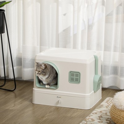 PawHut White and Green Covered Cat Litter Box with Scoop