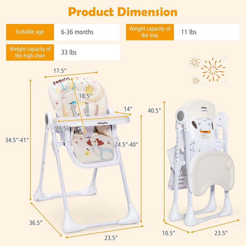 Costway Baby High Chair Folding Feeding Chair W/ Multiple Recline & Height Positions, 3 of 10