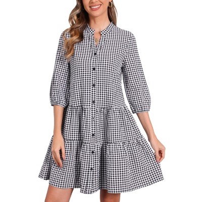 INSPIRE CHIC Women's Plaid V-neck 3/4 Sleeve Cute A-Line Casual Midi Dress