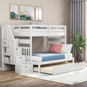 NicBex Twin over Twin/Full Bunk Bed Convertible Triple Bed Frame with Scroll Wheels, Guardrails and Storage Stairs, No Box Spring Required - 1 of 4