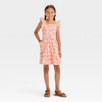 Girls' Flutter Sleeve Floral Woven Dress - Cat & Jack™ Peach Orange