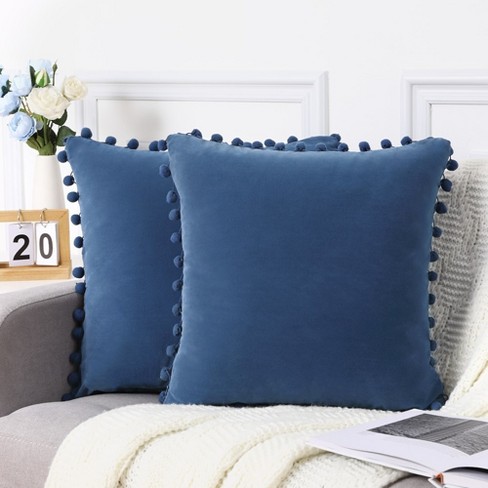 2 Pieces Velvet Throw Pillow Covers With Pom Pom Design, Blue, 18 X 18 ...