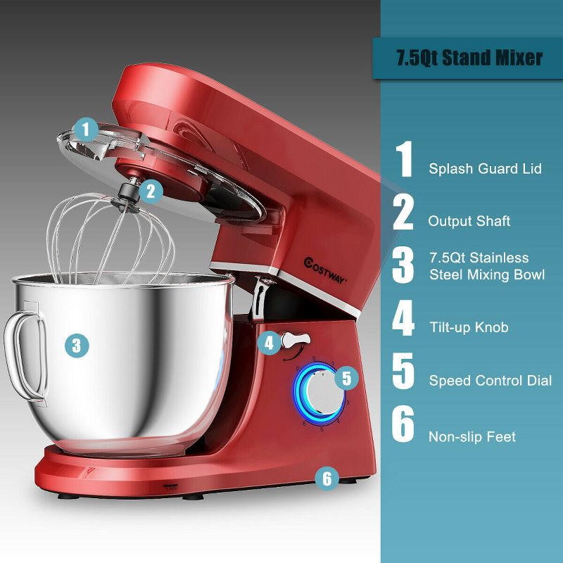 Tilt-Head Stand Mixer 7.5 Qt 6 Speed 660W with Dough Hook, Whisk & Beater, 5 of 11