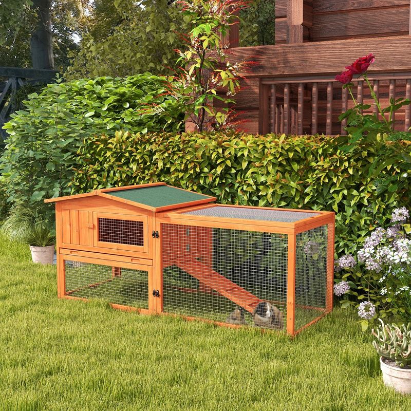 PawHut Rabbit Hutch 2-Story Bunny Cage Small Animal House with Slide Out Tray, Detachable Run, for Indoor Outdoor, Orange, 4 of 8