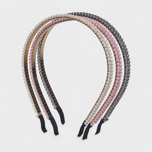 Hair Essentials Women's 3-Pack Pearl Embellished Headbands - Multi-Color (Pink, White, Gray) - Women’s Hair Accessories for Stylish Everyday Looks - 1 of 4
