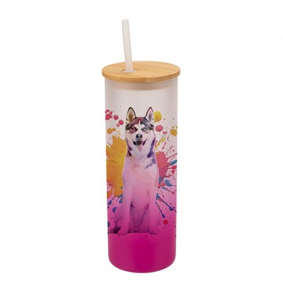 100 North 25 Ounce Frosted Glass Gradient Travel Tumbler With Straw & Wooden Lid, Siberian Husky Paint Splatter Pink