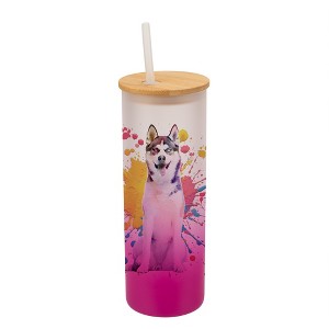 100 North 25 Ounce Frosted Glass Gradient Travel Tumbler With Straw & Wooden Lid, Siberian Husky Paint Splatter Pink - 1 of 4