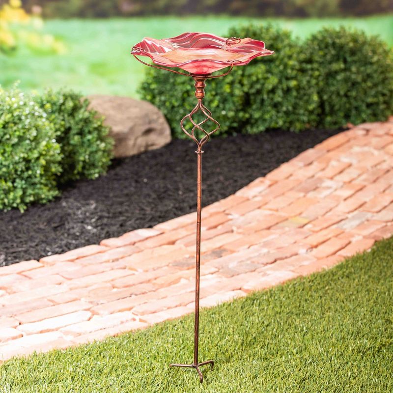 Evergreen 30"H Glass Bird Bath with Garden Stake, Red Swirl- Fade and Weather Resistant Outdoor Decor for Homes, Yards and Gardens, 2 of 6