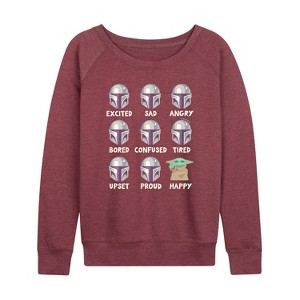Women's - Star Wars - The Mandalorian Mandalorian Moods Lightweight French Terry Wide Neck Long Sleeve Graphic Shirt - 1 of 4