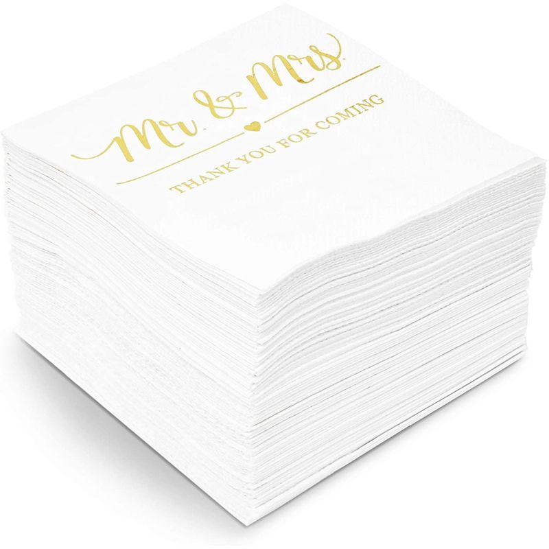 Sparkle and Bash 100x Mr Mrs Gold Foil Disposable Cocktail Napkins for Weddings Party, white 5 inch, 3 Ply, 1 of 7