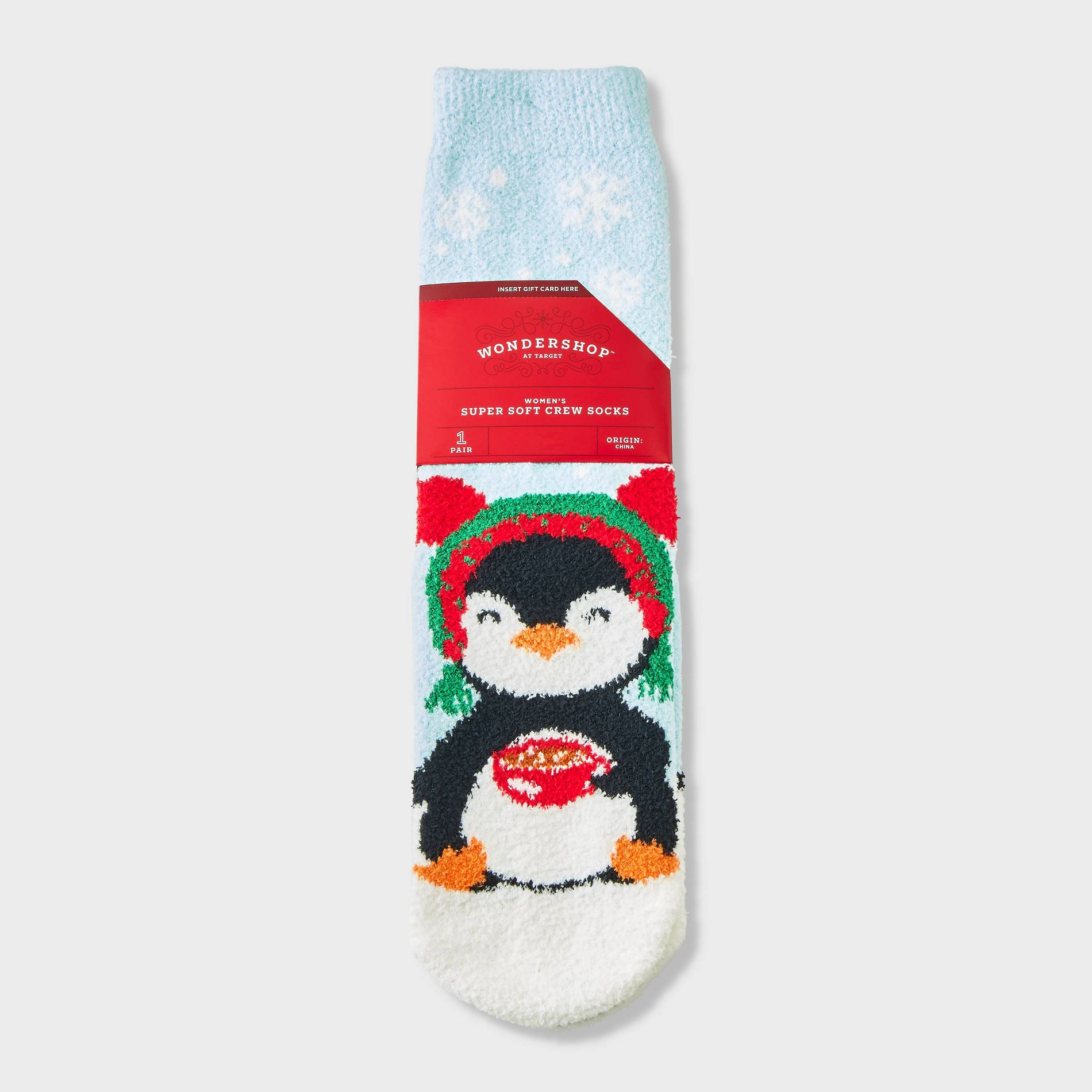 Women's Winter Penguin Christmas Cozy Crew Socks with Gift Card Holder - Wondershop™ Light Blue 4-10