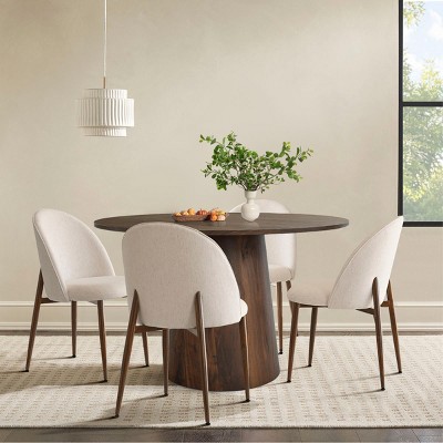 Modern Round Dining Set with Walnut Finish, 46" Pedestal Table and 4 Comfortable Curved Back Upholstered Chairs-Maison Boucle