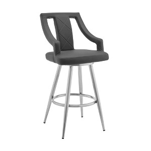 26" Maxen Counter Height Barstool with Gray Faux Leather Brushed Stainless Steel Finish - Armen Living: Swivel, Footrest, Modern Design - 1 of 4