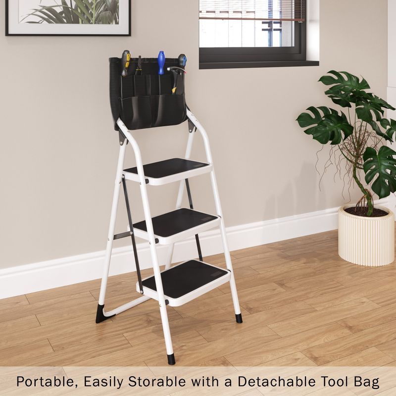 3-Step Stool - Folding Ladder with Handrails, Attachable Tool Bag, Nonslip Feet, Steel Frame, and 330lbs Weight Capacity by Stalwart (White), 4 of 7
