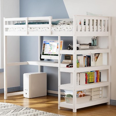 JOYMOR Bunk Bed with Desk and 4-Layer Shelves, Loft Bed Twin Size with Under Desk and Bookcase Storage, Twin Bed Frame for Kids, Adults& Young Teens