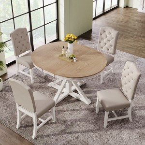 Whisen Retro Style Dining Table Set with Extendable Table and 4 Upholstered Chairs - 1 of 4