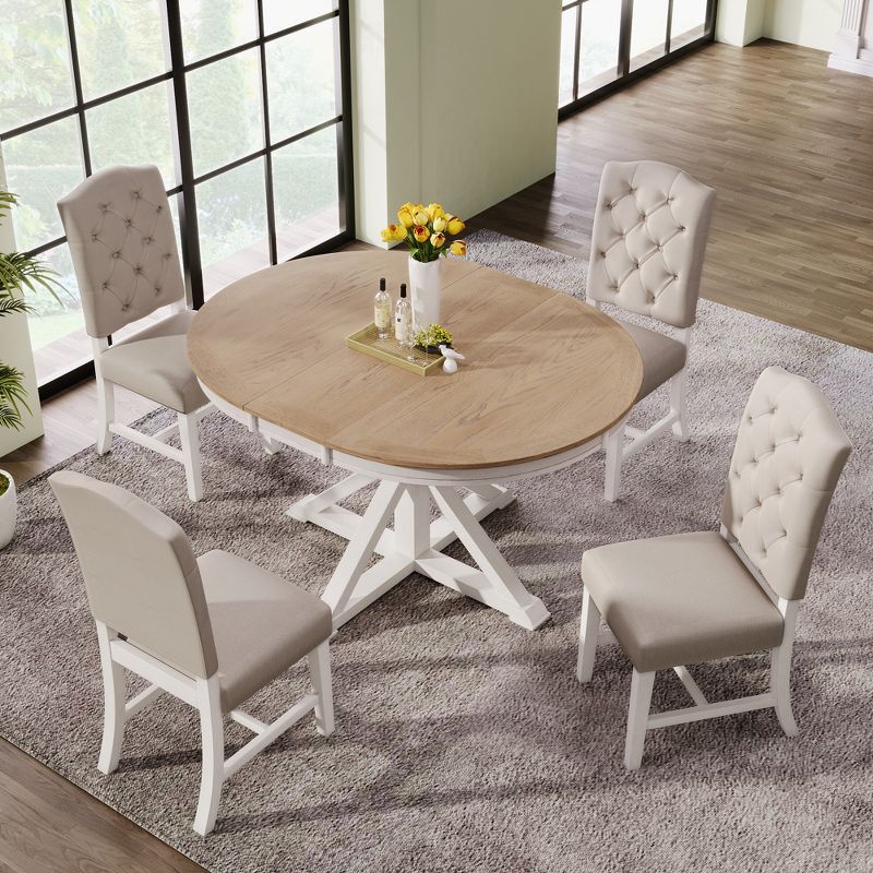 5 PCS Extendable Wood Dining Table Set with Round Table and 4 Upholstered Chairs Re-ModernLuxe, 2 of 13